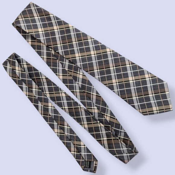 Pronto Uomo 100% Silk Brown Plaid Tie - Picture 1 of 5